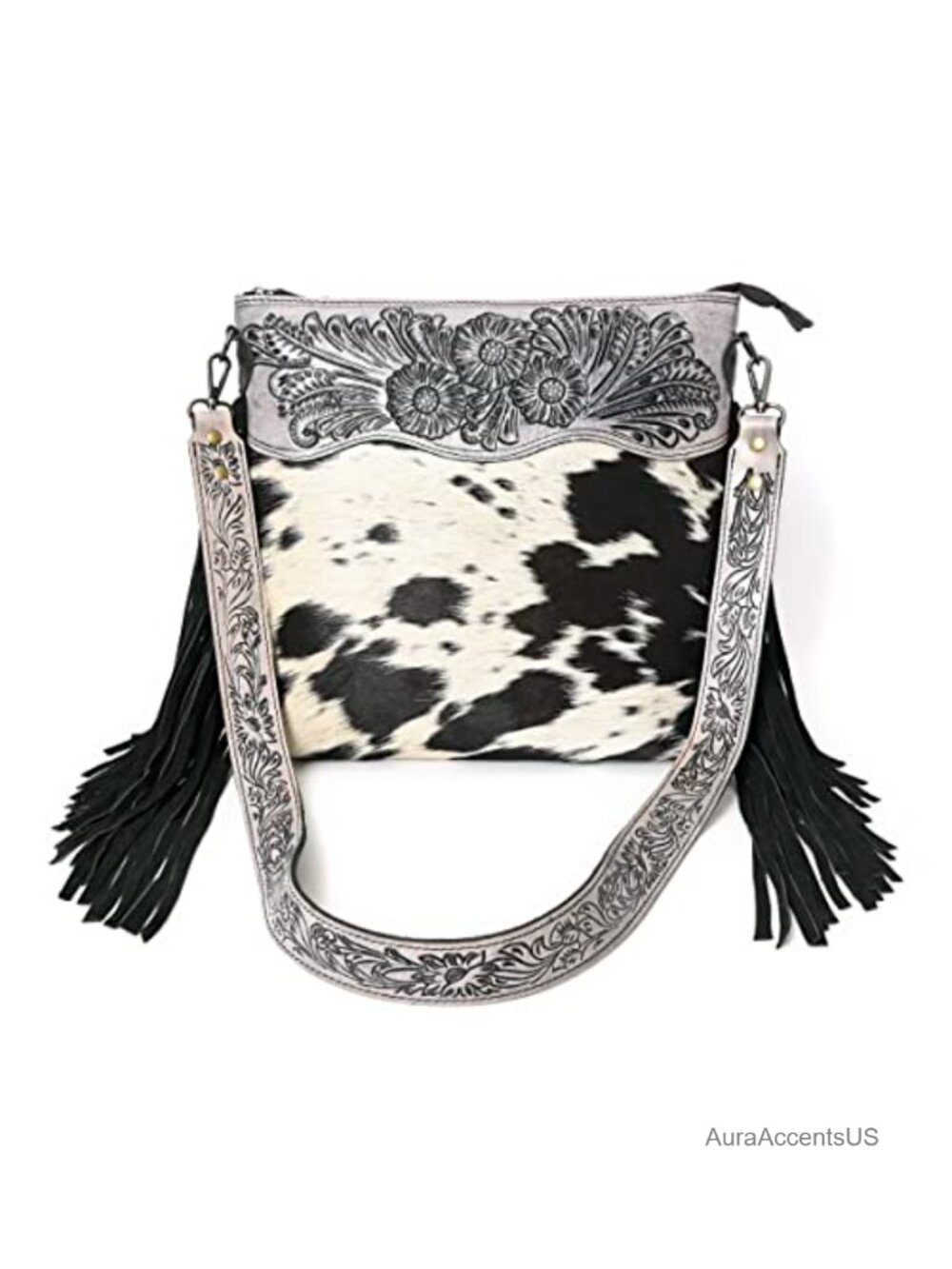 Merbaa Full-Grain Leather Cowhide Shoulder Crossbody Bag Hand-Tooled Fringe